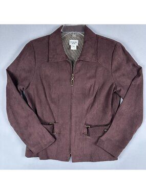 Dorby Faux Suede Jacket Coat Zip Up Adjustable Belted Women Size10 Brown